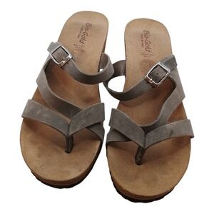 Bio-Gold Womens 7.5 Destress Gray Leather Strappy Buckle Platform Wedge Sandals